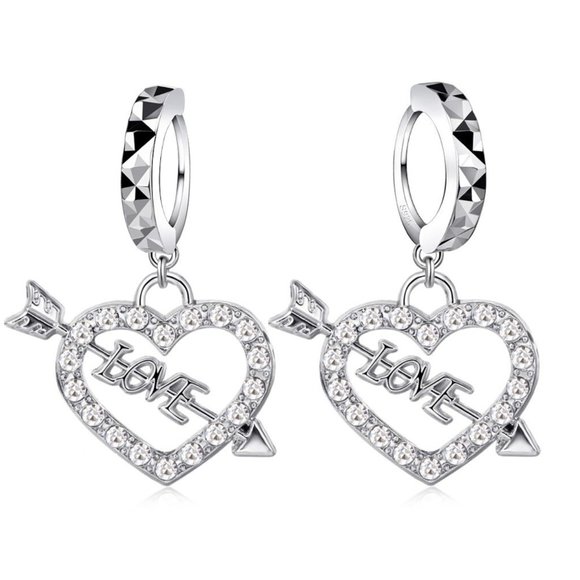 ❤️ NEW 💎 Love Heart Arrow Elegant Women Earrings 925 Sterling Silver Hoop Drop - Picture 1 of 1